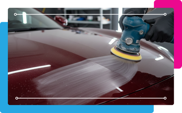 A close-up of a technician's gloved hands operating an orbital polisher on the deep red hood of a car, performing auto paint correction. White polishing compound residue is visible in streaks on the paint, indicating the ongoing process of removing imperfe