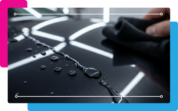 Water beads up on a dark, glossy car surface that has been treated with a ceramic coating, demonstrating its hydrophobic properties. A hand with a microfiber towel is wiping a portion of the surface, highlighting the ease of cleaning and the protective bar
