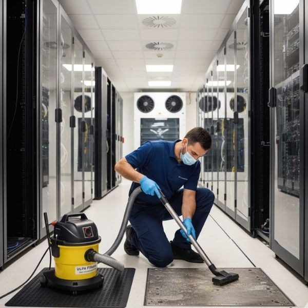 man cleaning floors in data center