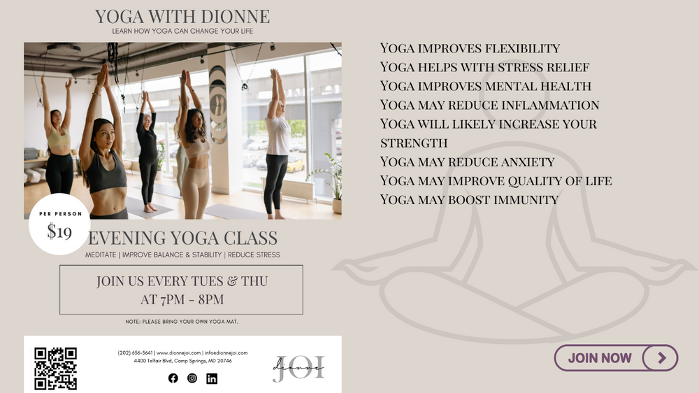  yoga with Dionne Joi. classes for beginners and seniors