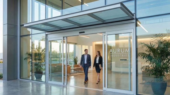 The automatic sliding doors are a key feature, creating a welcoming and accessible entry for a commercial building.