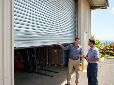 Two men in work attire discuss a partially open metal roll-up door at a commercial building with a forklift visible inside. Warehouse Discussion at Roll-Up Door