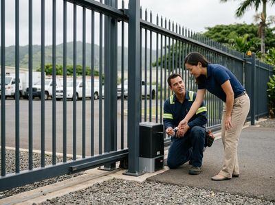 Technician and Client Inspecting Automatic Gate Opener