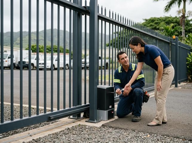 Technician and Client Inspecting Automatic Gate Opener