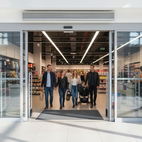 Customers walking through automatic sliding glass doors in a busy retail store entrance.