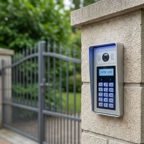 Close-up of a security keypad and intercom for an electric gate system.