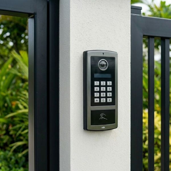 A close-up of a modern gate access control keypad mounted on a stone pillar.