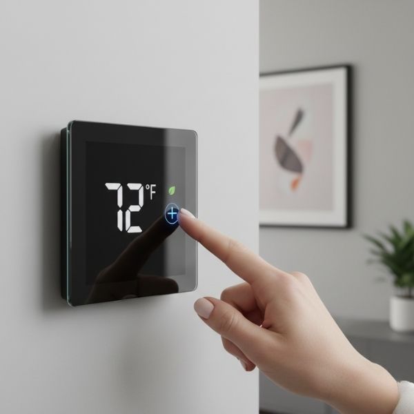 A close-up photograph of a hand adjusting a modern digital wall thermostat in an office setting.