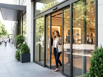 Woman Exiting Modern Store with Automatic Glass Doors and Shopping Bags