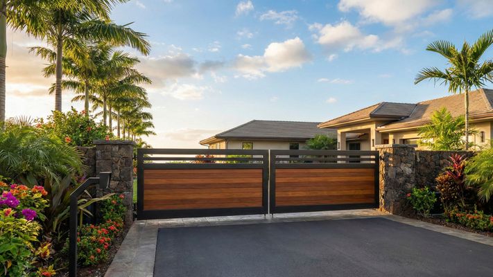 Modern black and wood electric gate system installed at a tropical Hawaii residence.