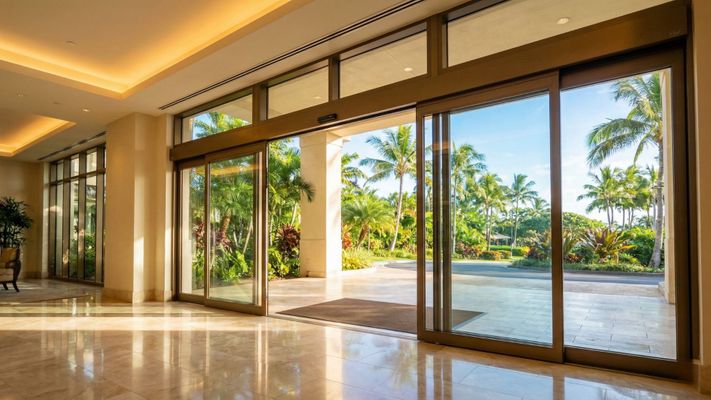 Luxury Hawaii resort entrance with bronze automatic sliding glass doors opening to a tropical garden.