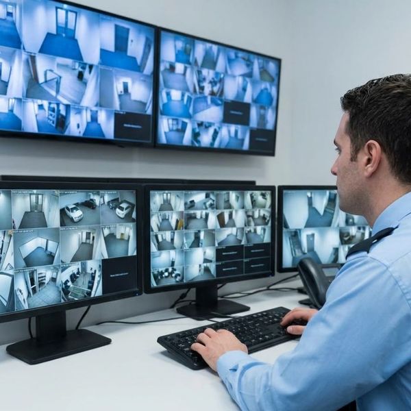 Security guard monitoring multiple CCTV screens in building control room.