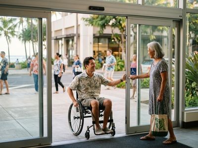 Woman Holds Automatic Door for Man in Wheelchair