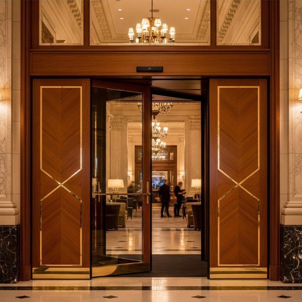 An elegant, custom-designed automatic door in a luxury hotel lobby, blending seamlessly with the upscale decor