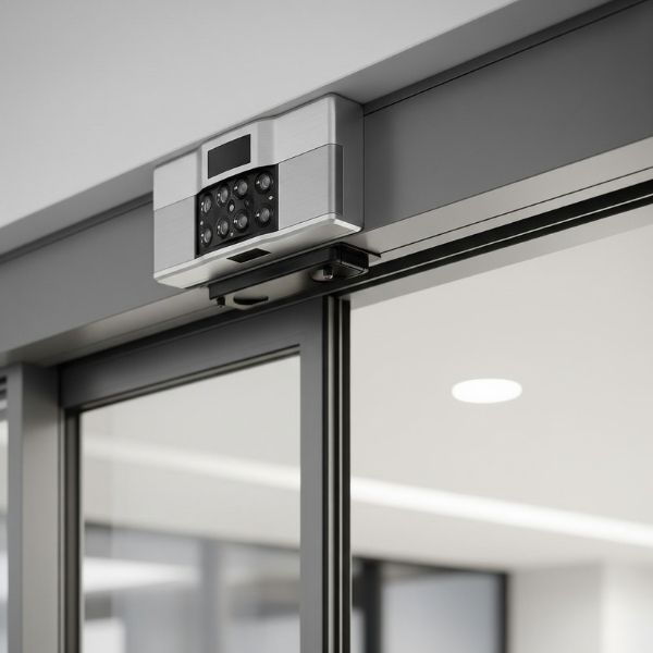  A close-up of a modern safety sensor mounted above an automatic door.