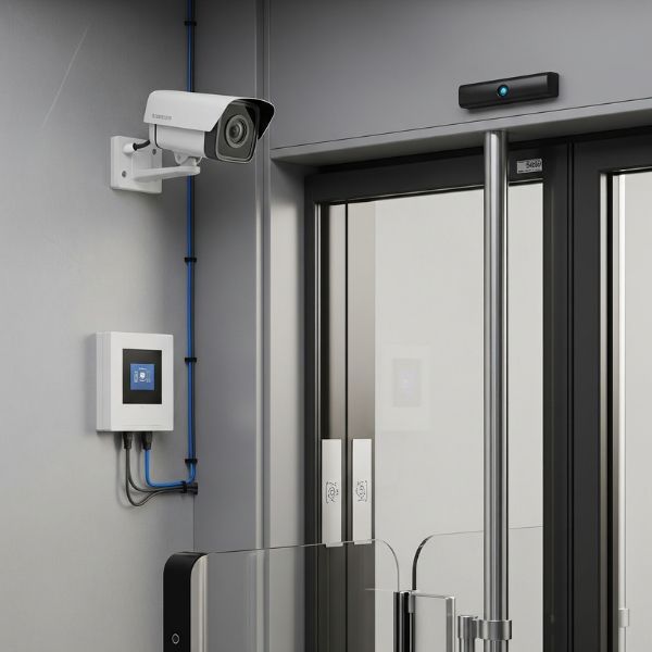 An automatic door entrance with a security camera mounted nearby, showing an integrated system.