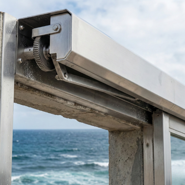 durable stainless steel automatic door mechanism with an ocean background.