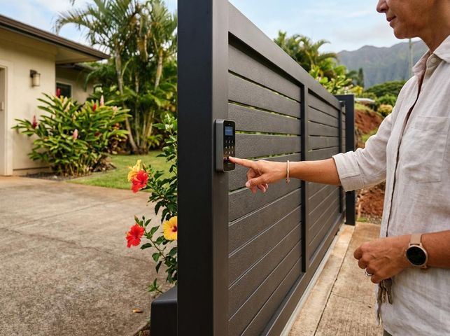 Woman entering code on smart gate keypad in a tropical setting