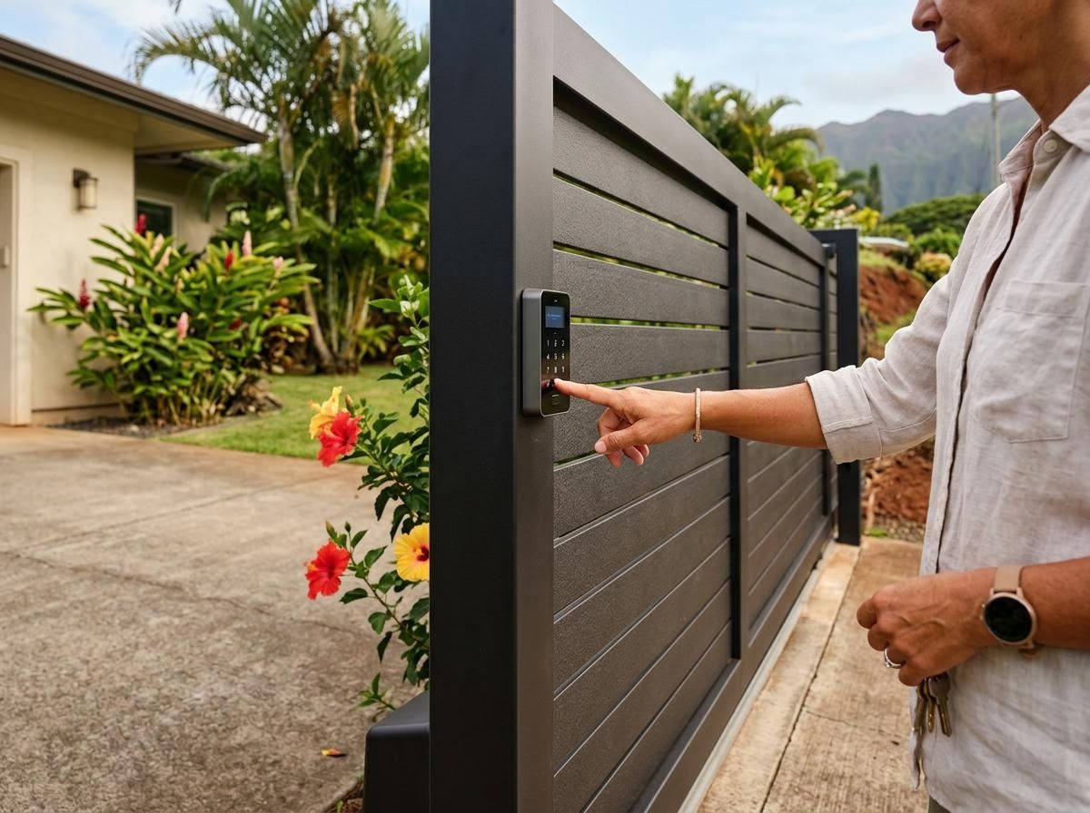 Woman entering code on smart gate keypad in a tropical setting