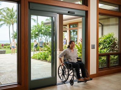 Woman in wheelchair at automatic accessible door