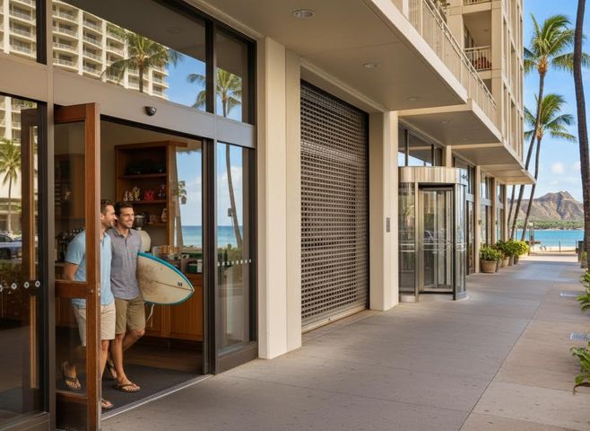 Two Men Exiting Resort with Surfboard, Beach View
