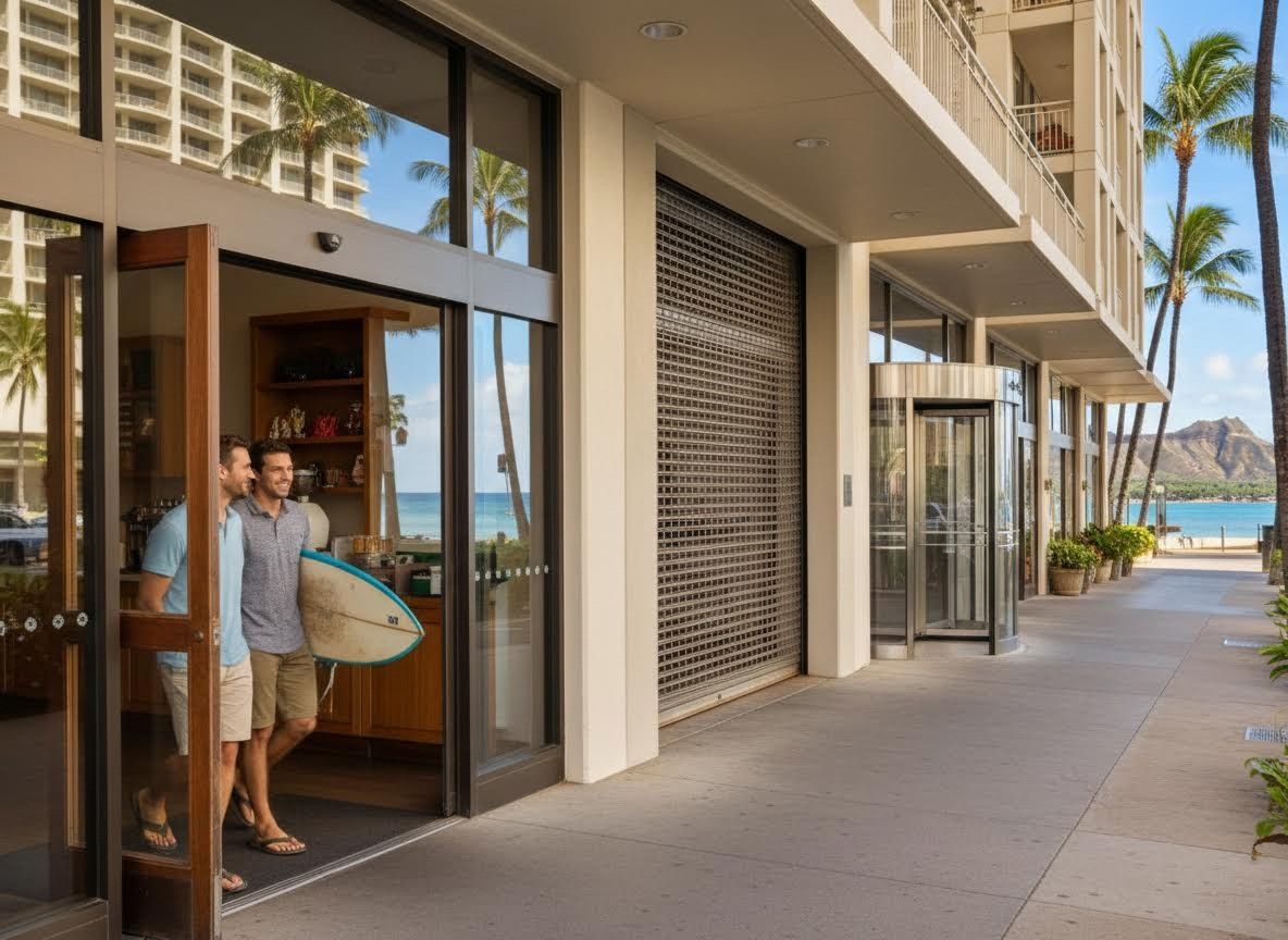 Two Men Exiting Resort with Surfboard, Beach View