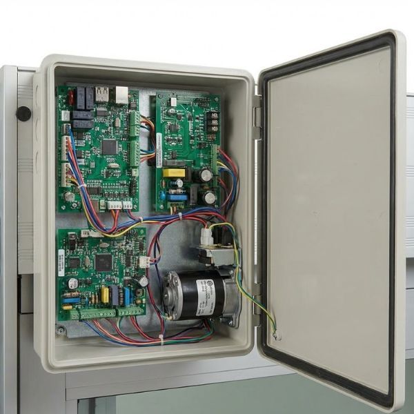 an open control box, revealing the complex internal electronics and motor that power the automatic door system