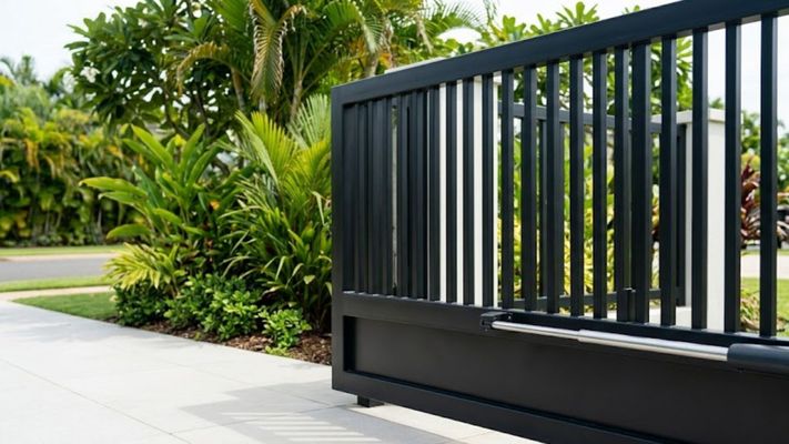 A modern black electric driveway gate partially open at a high-end property with tropical landscaping