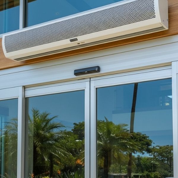A close-up view of a commercial air curtain device mounted above a glass doorway in a modern building.