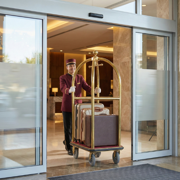 Bellhop pushing a luggage cart through wide automatic hotel doors.