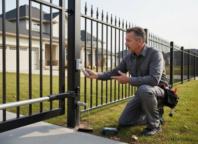 A man in a grey uniform kneels beside a black automatic gate, holding a remote control and gesturing towards the gate mechanism. Technician demonstrating automatic gate opener