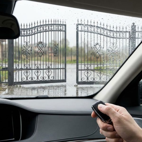 Driver using a remote control to open an automatic electric gate from inside a car.