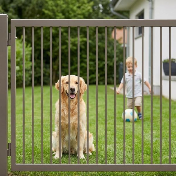 Dog and child playing safely behind a closed automatic gate system.