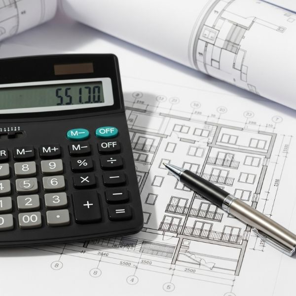 A calculator and pen on top of architectural blueprints, representing financial planning for a business investment.