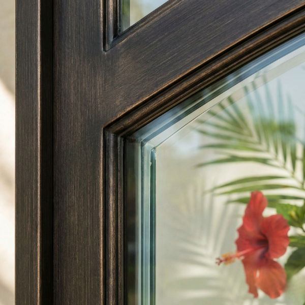 Close up detail of dark bronze automatic door frame and glass with tropical reflections.