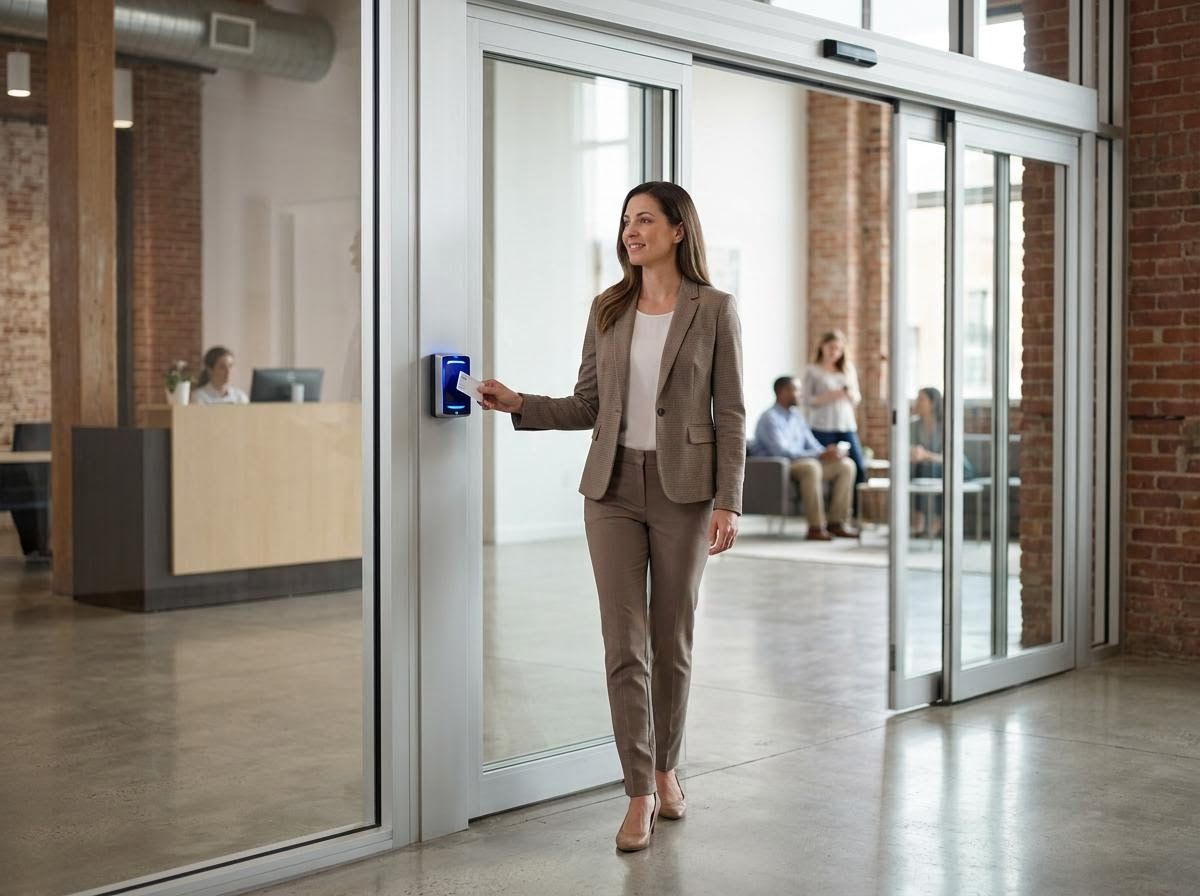 Businesswoman Using Access Control Card at Office Entrance