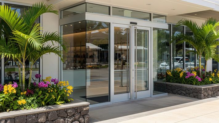 A modern retail storefront in Hawaii with secure automatic glass doors and tropical landscaping.