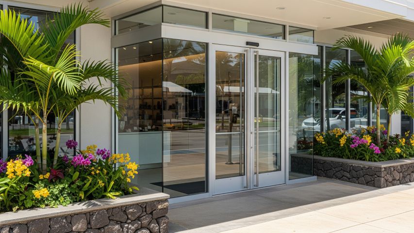 A modern retail storefront in Hawaii with secure automatic glass doors and tropical landscaping.