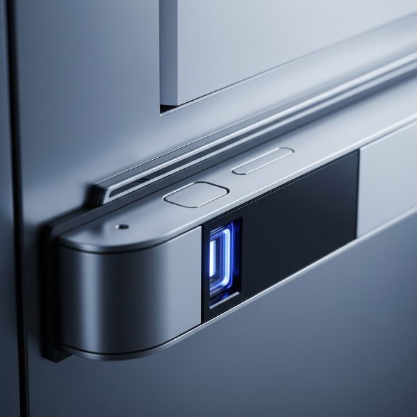 A close-up view of a sophisticated automatic door sensor with a metallic finish