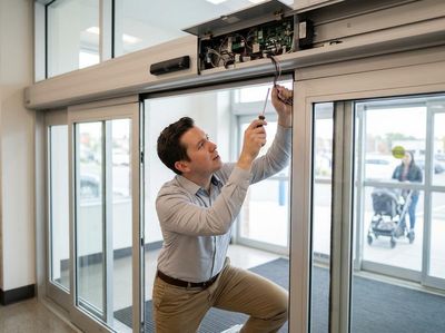 Technician repairing automatic sliding door