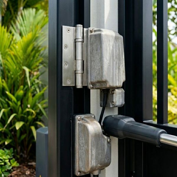 Detailed close-up of a corrosion-resistant automatic gate motor and heavy-duty hardware.