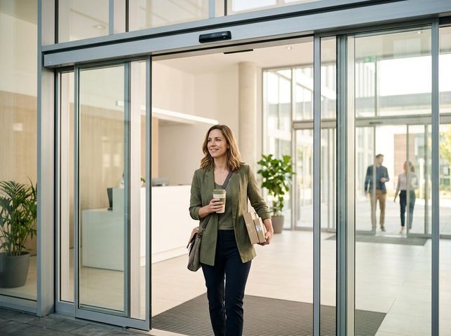 Professional Woman Exiting Modern Building