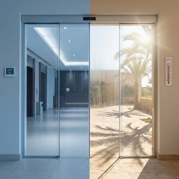 Closed automatic glass door separating a cool hotel lobby from the hot tropical outdoors.