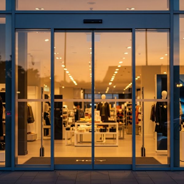 A closed automatic glass door of a well-lit retail store at dusk, looking secure.