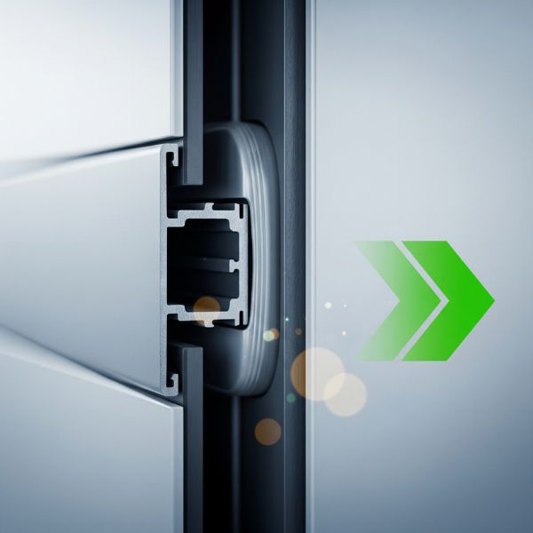 A close-up of the tight seal on an automatic door, with an arrow graphic symbolizing cost savings.