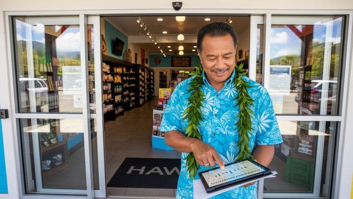 A Hawaii business owner reviewing a cost-benefit analysis on a tablet in front of their store with automatic doors.