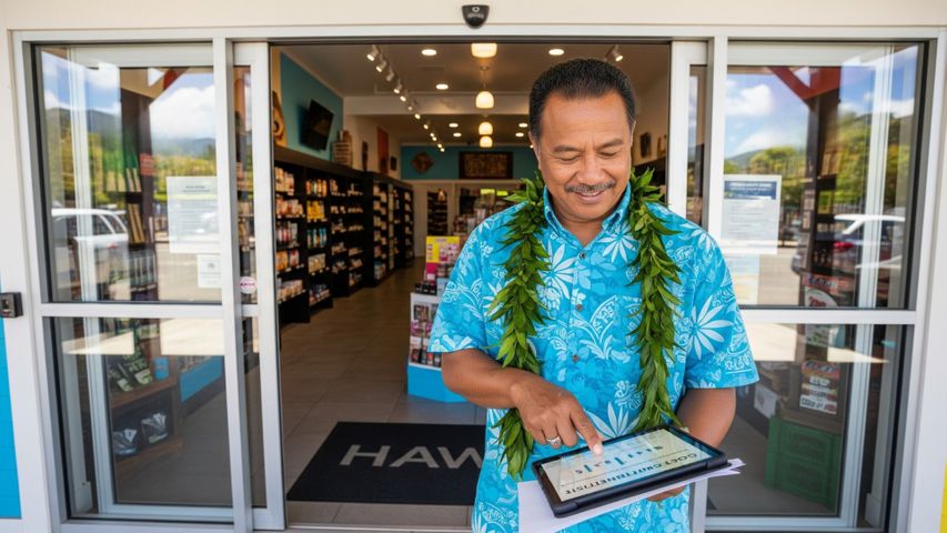 A Hawaii business owner reviewing a cost-benefit analysis on a tablet in front of their store with automatic doors.