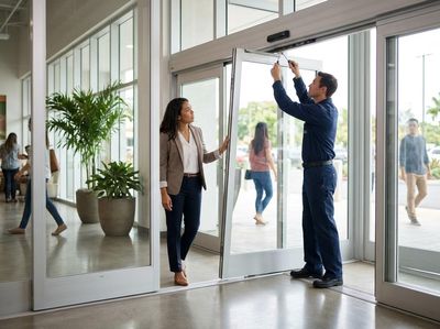 A technician in a blue uniform fixes an automatic glass sliding door while a woman in business attire observes in a bright, modern building. Automatic Sliding Door Repair Service