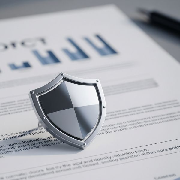 A shield icon resting on a business document, symbolizing the security and reduced liability offered by automatic doors.
