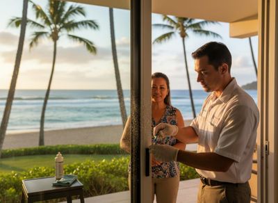 Technician servicing a sliding glass door at a beachfront property